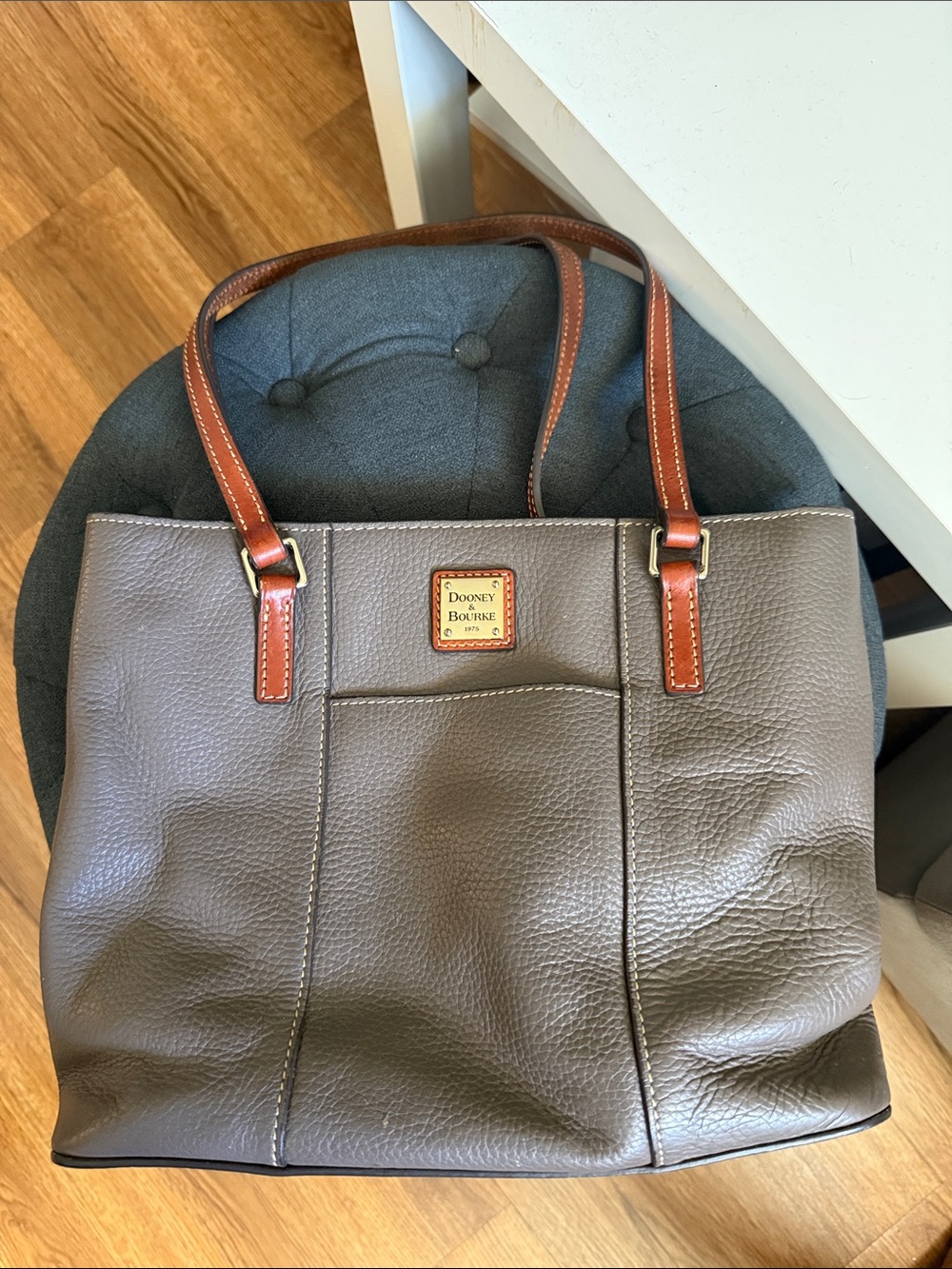 Dooney & Bourke Taupe Pebbled Leather Tote with Brown Trim